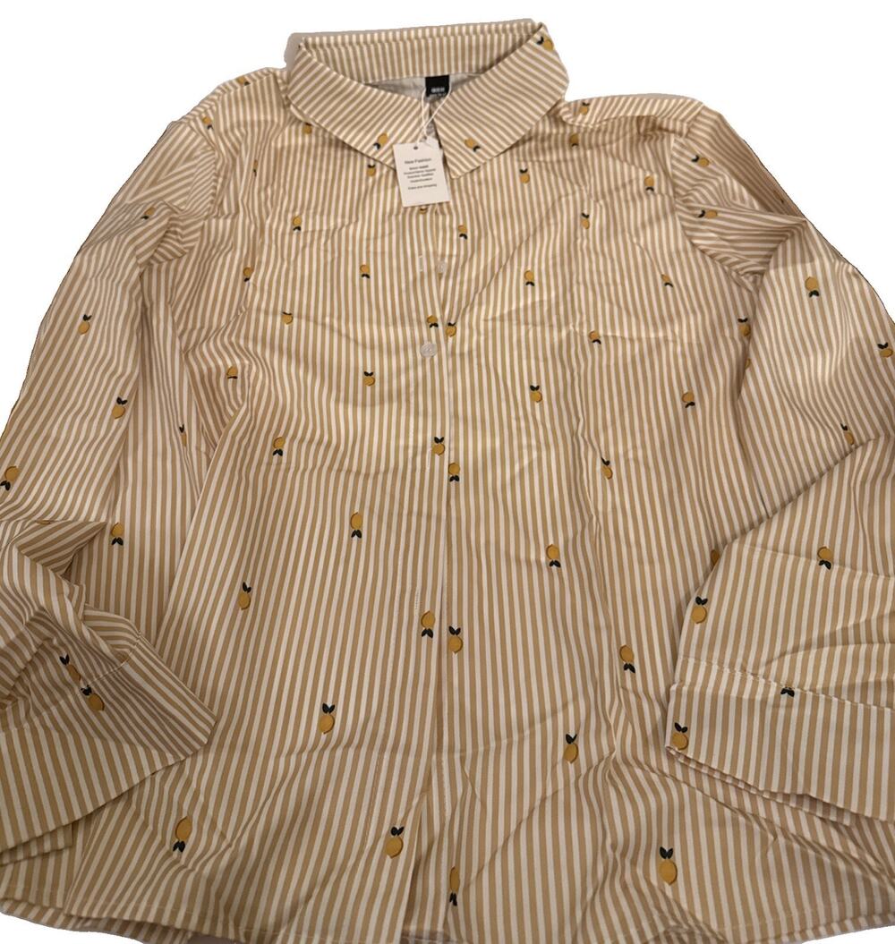 NWT Women’s Beige Striped Blouse With Lemon Motif Size XL